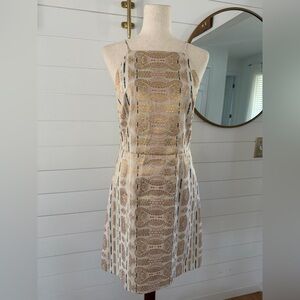Tory Burch Silk Art Deco Square Neck Cocktail Dress Beige and Gold Patterned